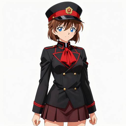 Anime-style drawing of a brown-haired girl with blue eyes, wearing a black military-style uniform with red accents and a matching hat.
