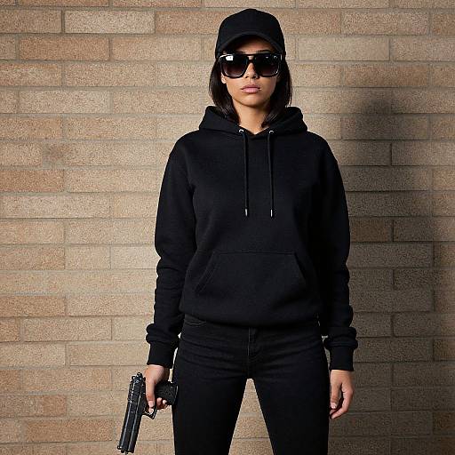 Photograph of a serious young woman with dark hair, black hoodie, sunglasses, and cap, holding a gun, standing against a brick wall.
