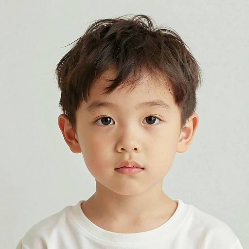 Photograph of an Asian boy with short, dark brown hair, large brown eyes, and light skin, wearing a white shirt, against a plain white