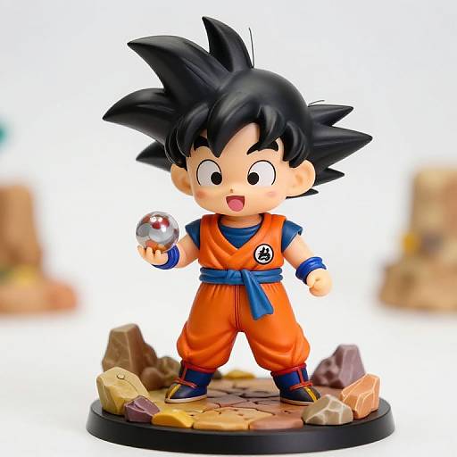 Photograph of a chibi-style, black-haired, anime-inspired Son Goku figurine with orange gi, blue belt, holding a Kamehame