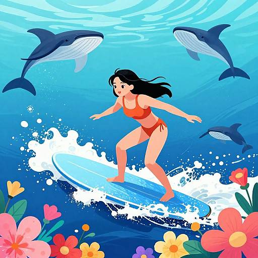Digital illustration: Asian woman in red bikini surfing on blue wave, surrounded by three dolphins, colorful flowers in foreground, bright blue water.