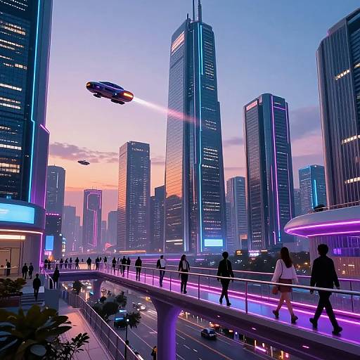 Digital art of a futuristic cityscape at dusk, featuring towering neon-lit skyscrapers, flying cars, a bustling pedestrian bridge, and vibrant purple