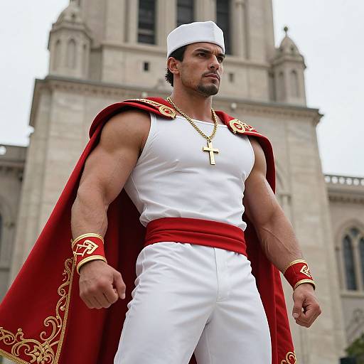 Muscular Hero in Red and White Cape