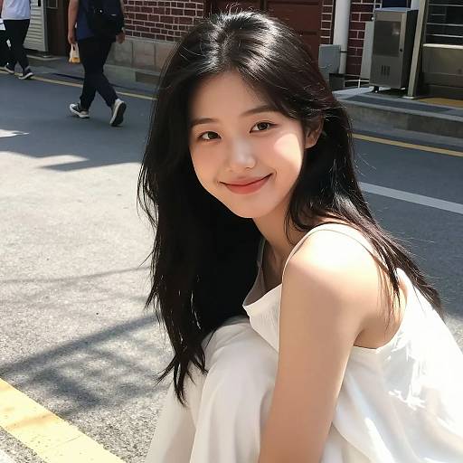 Photograph of a smiling young Asian woman with long black hair, wearing a white sleeveless dress, standing on a sunny city street with brick buildings and