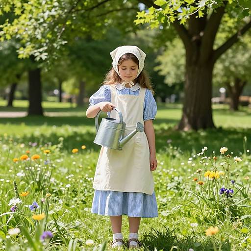 Photograph of a young girl in a blue dress and white apron watering a garden with a metal watering can in a sunlit park.