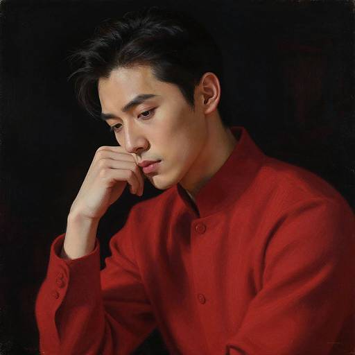 Photorealistic digital portrait of a young Asian man with short black hair, wearing a red button-up shirt, against a black background, with a contempl