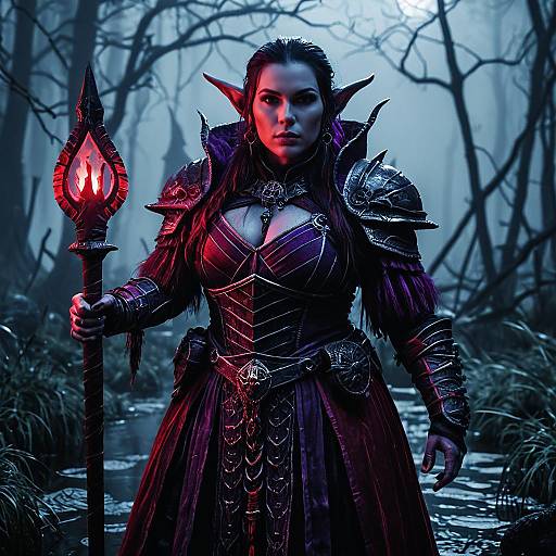 Female Dark Elf Sorceress with Crimson Staff in Foggy Swamp