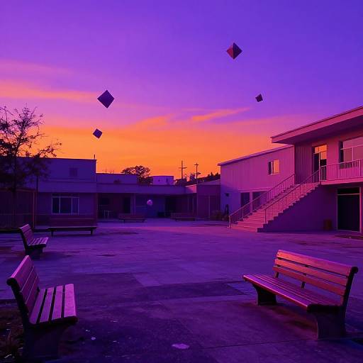 Photograph of a vibrant sunset-lit parking lot with purple and orange sky, benches, floating kites, and two-story building with stairs.