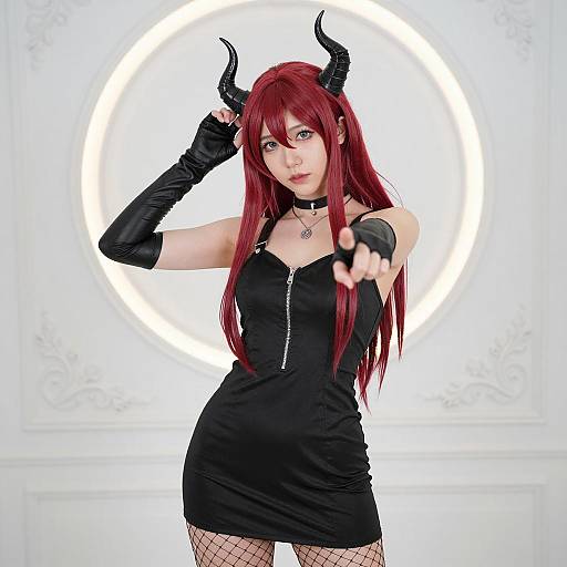 Female Cosplayer in Black Dress and Horns