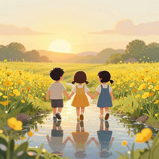 Digital illustration of three children holding hands, walking through a vibrant yellow flower field at sunset, reflections in a shallow stream.
