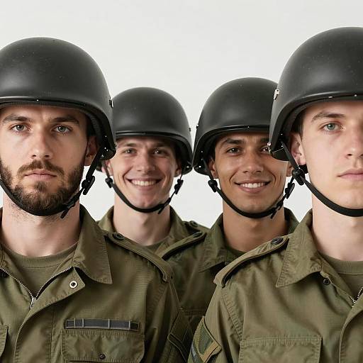 Four Soldiers in Military Uniforms and Helmets