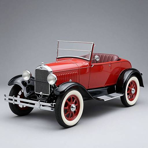 Photograph of a classic red vintage convertible car with black fenders, white-walled tires, and a chrome grille, set against a gradient gray background
