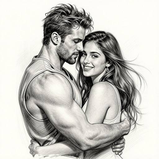 Black-and-white sketch of a muscular, bearded man and a smiling woman with long hair, hugging closely, noses touching, white background.