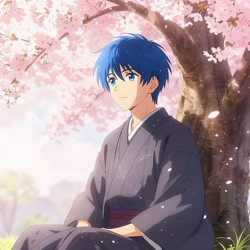 Anime-style drawing of a young man with blue hair and blue eyes, wearing a black kimono, sitting under cherry blossom trees. Bright, pastel