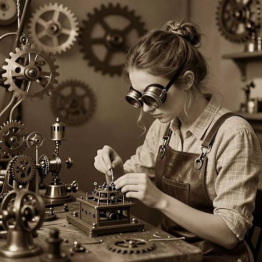 Sepia-toned photograph of a focused young woman with glasses, bun hairstyle, and brown apron, repairing intricate clockwork machinery with gears in the