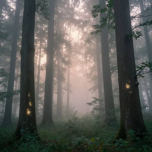 Photograph of a misty forest with tall, dark redwood trees, illuminated by soft, diffused sunlight. Glowing, fairy-like lights are