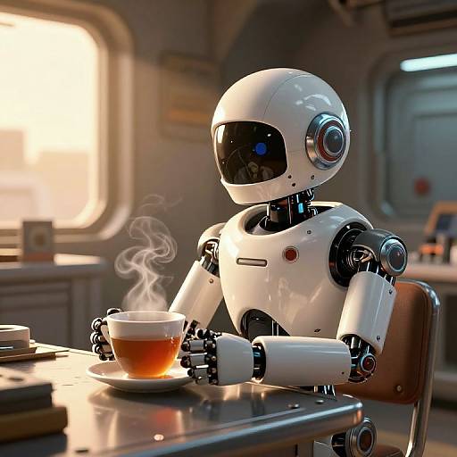 Photorealistic CGI of a white, futuristic robot with black eyes, holding a steaming cup of tea at a sunlit table in a spaceship cabin