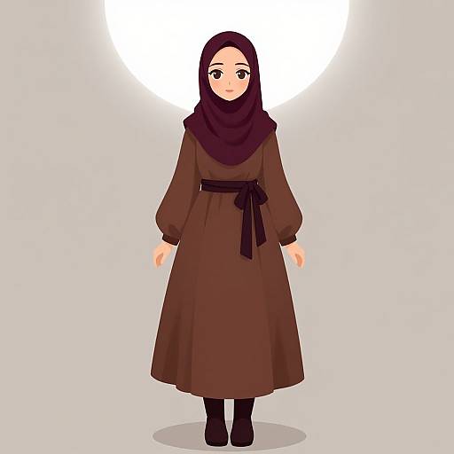 Digital anime-style drawing of a young woman with pale skin, brown eyes, and a black hijab, wearing a brown long dress and black shoes,
