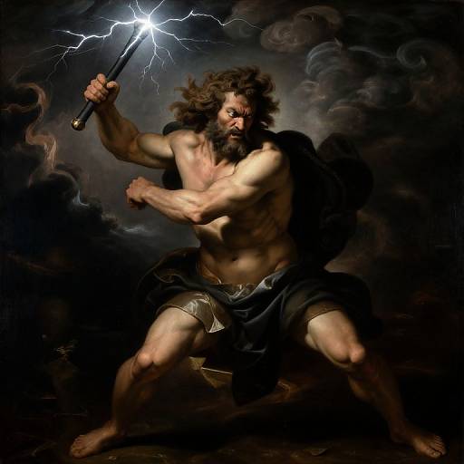 Digital artwork of a muscular, bearded, curly-haired Zeus-like figure, wielding a lightning bolt, standing powerfully in dark, stormy clouds.