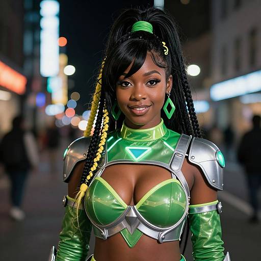Photograph of a smiling Black woman with braided hair, neon green armor, and cleavage-baring top, standing in a vibrant, brightly lit