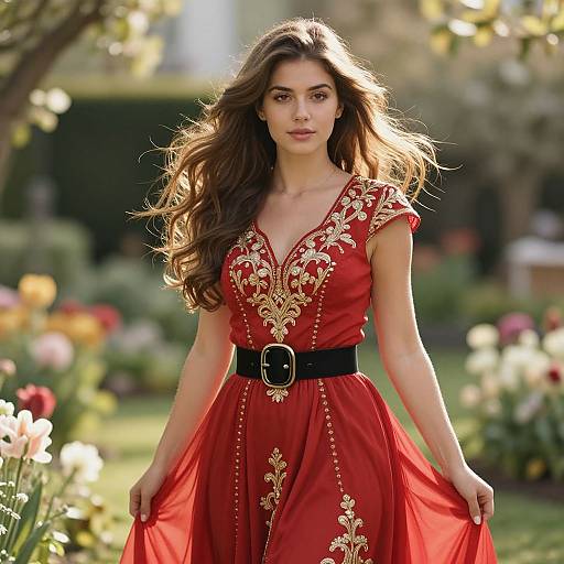 Photograph of a beautiful woman with long brown hair wearing a red dress with gold embroidery and a black belt, standing in a sunny garden with blooming