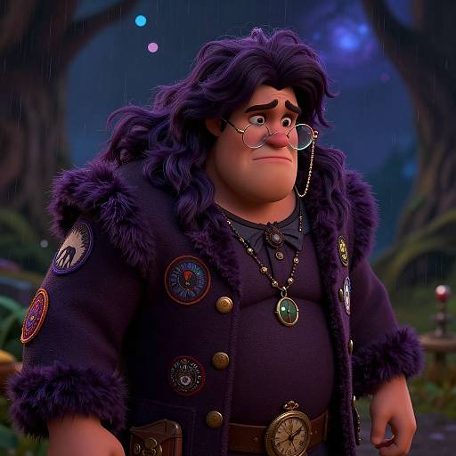 Digital cartoon of a chubby, purple-haired man with glasses, wearing a fur-trimmed black robe adorned with buttons, necklaces, and a clock