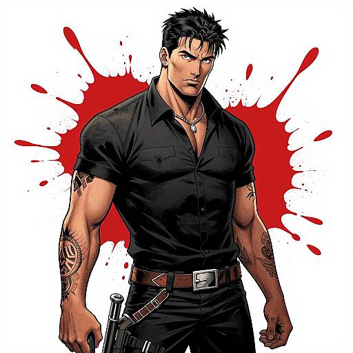 Muscular man with black hair, black shirt, tattoos, and gun holster, stands against a red blood splatter background. Comic-style digital art.