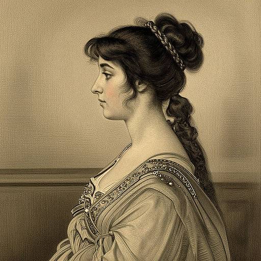 Sepia-toned, detailed drawing of a young woman in profile, wearing a Renaissance-style dress with intricate embroidery, long braided hair, and a
