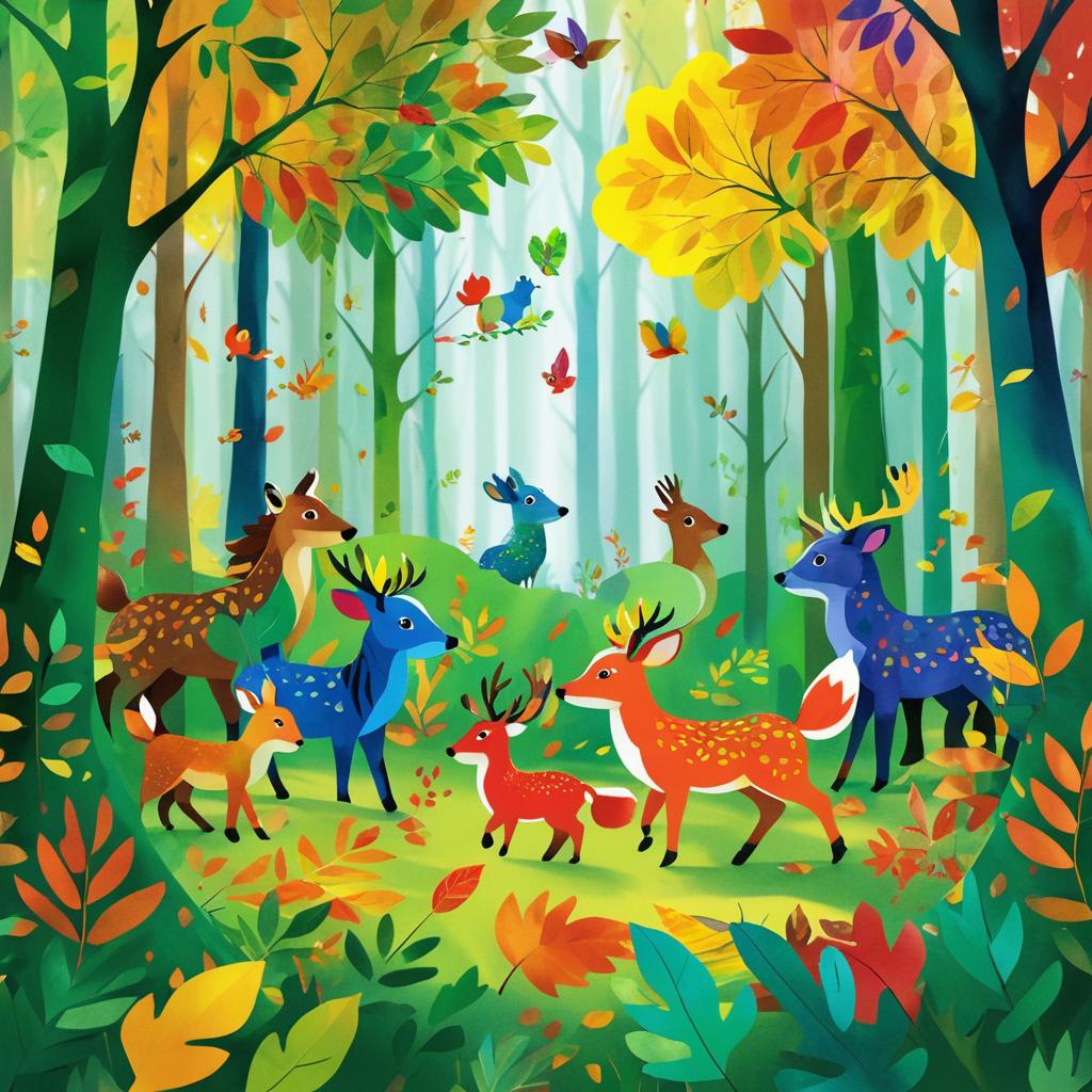 Playful Animals in a Colorful Forest