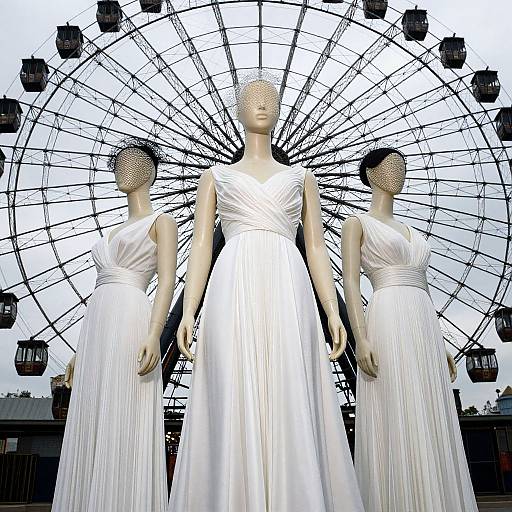 Photograph of three faceless, white-dressed mannequins standing in front of a large Ferris wheel, emphasizing elegance and contrast.
