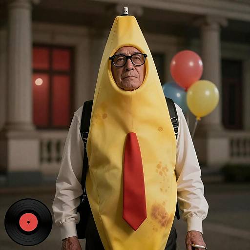 Serious Older Man in Banana Costume at Night