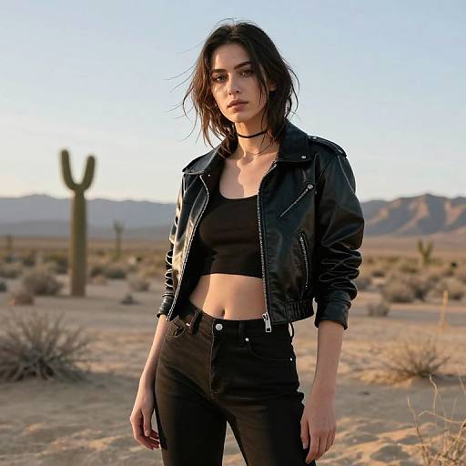 Photograph of a young woman with pale skin, dark messy hair, wearing a black leather jacket, crop top, and high-waisted jeans,
