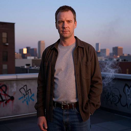 Photograph of a middle-aged man with short dark hair, wearing a grey t-shirt and brown plaid shirt, standing on a rooftop with city skyline
