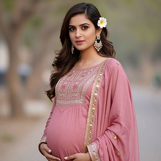 Photograph of a pregnant Indian woman with long dark hair, wearing a pink embroidered salwar kameez, gold jewelry, and a white flower in