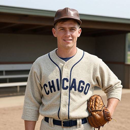 Photograph of a young Caucasian male baseball player in a vintage Chicago uniform, brown leather cap, and brown glove, standing outdoors in front of a baseball
