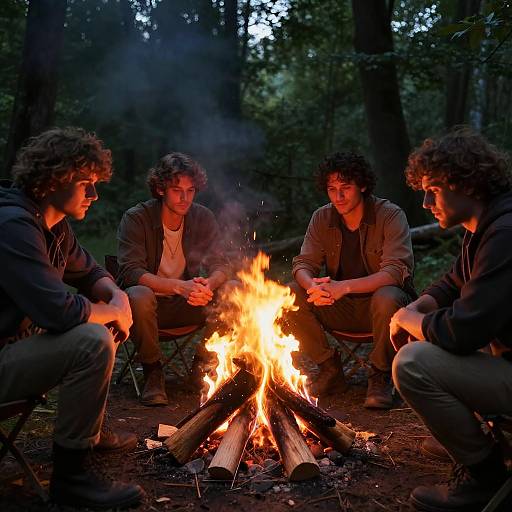 Photograph of four young men with curly hair, sitting around a campfire in a forest, wearing dark hoodies, hands clasped, smiling warmly