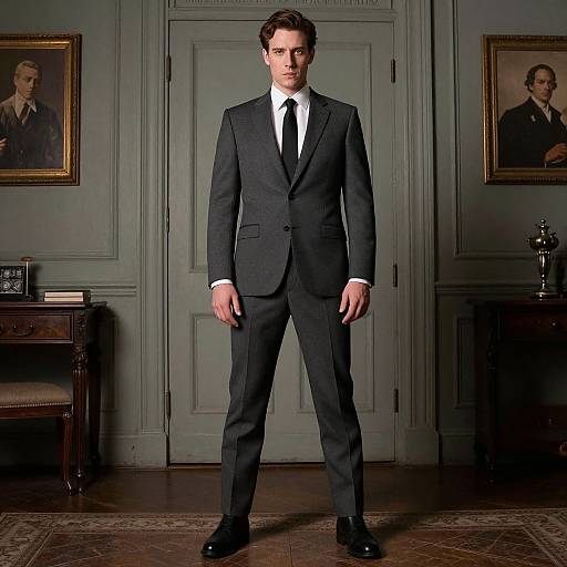 Photograph of a serious, fair-skinned man in a black suit, white shirt, and black tie, standing in an elegant, dimly-l