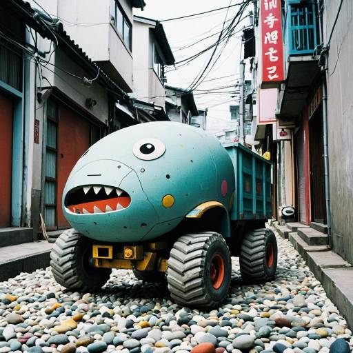 Whimsical Cartoon-Style Cargo Truck in Korean Alley