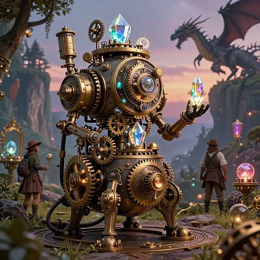 Steampunk robot holding glowing crystal, surrounded by magical forest, distant dragon, and adventurers, under a pink-orange sunset sky. Digital art.