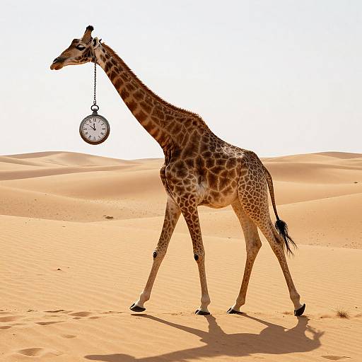 Photograph of a giraffe walking in a desert, holding a vintage clock in its mouth, with golden sand dunes in the background.