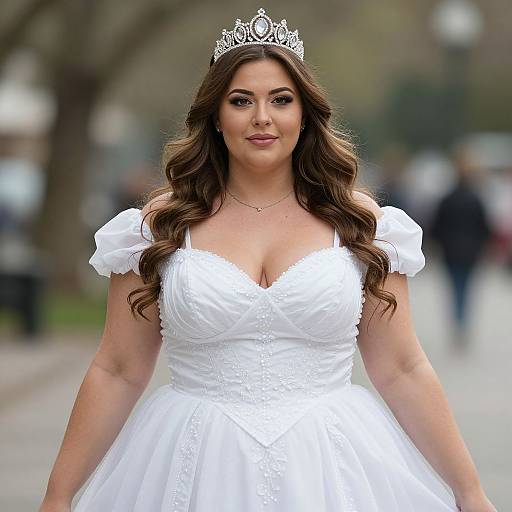 Photograph of a curvy woman with long brown hair, wearing a white, low-cut wedding dress and silver tiara, standing outdoors on a blurred