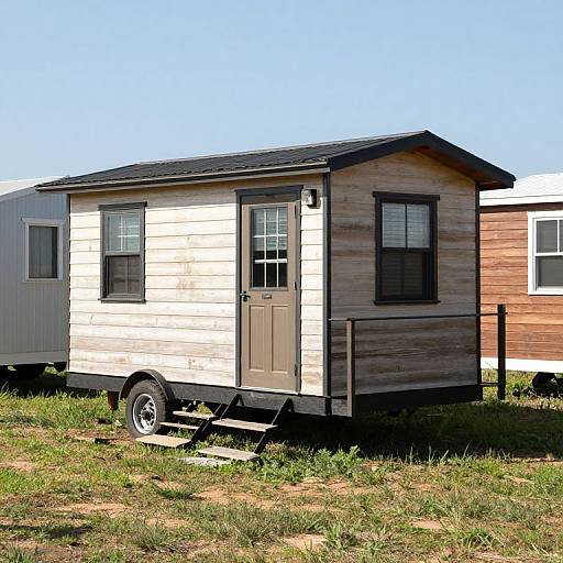 Photograph of a small wooden travel trailer with white and brown vertical paneling, black trim, and a gray door, parked on grass under a clear
