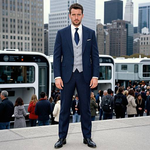 Photograph of a bearded, dark-haired man in a navy suit, white vest, and black tie, standing confidently on a city street with buses
