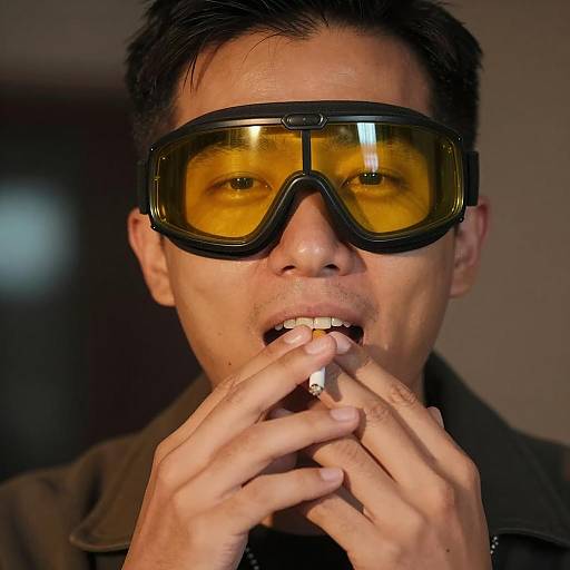 Man in Goggles with Glowing Lenses