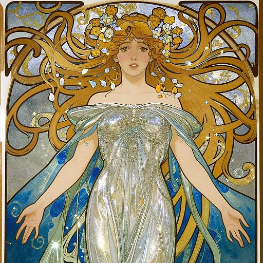 Stunning Art Nouveau illustration of a fair-skinned woman with long, flowing orange hair adorned with flowers, wearing a shimmering silver off-should