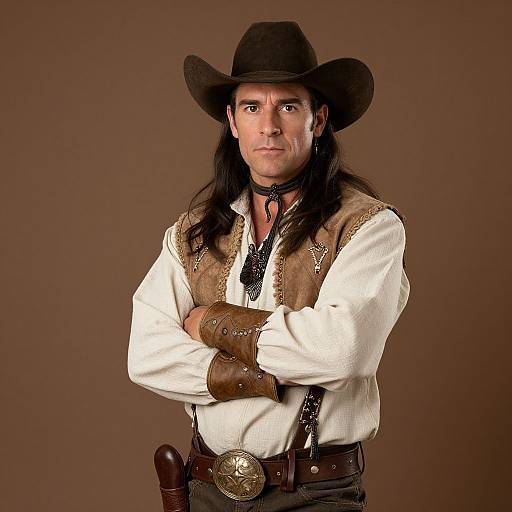 Photograph of a serious-looking man with long black hair, wearing a brown cowboy hat, white shirt, brown vest, black neckerchief, and