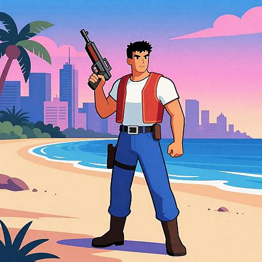 Retro 90s Beachfront Synthwave Game Cover