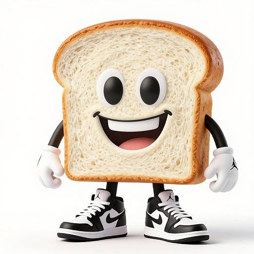 Animated cartoon slice of toast with big black eyes, smiling mouth, black arms, white gloves, and black-and-white sneakers on white background.
