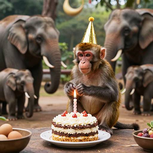 Monkey's Cozy Birthday with Elephants