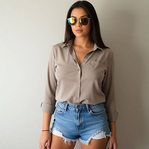 Photograph of a woman with long dark hair, wearing reflective sunglasses, a grey button-up shirt, and distressed blue denim shorts, standing against a plain